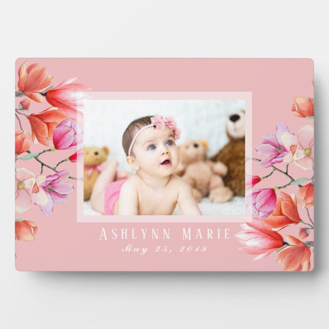 Baby Girl Floral Blush Pink Custom Photo Plaque (Front)