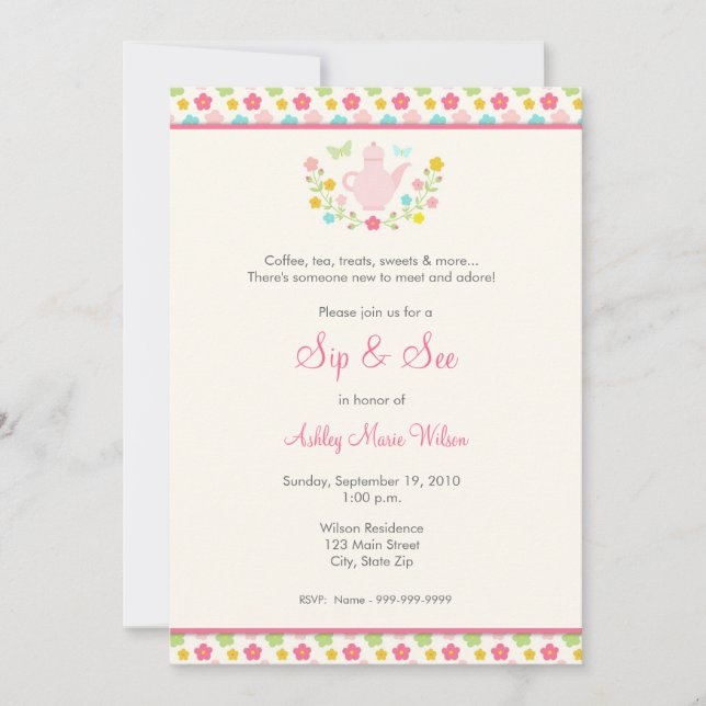 Baby Girl Floral Sip and See Invitation (Front)