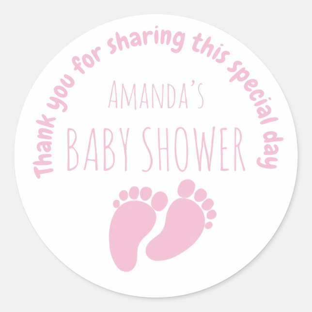 Baby Girl Footprint Baby Shower Pink Classic Round Classic Round Sticker (Front)
