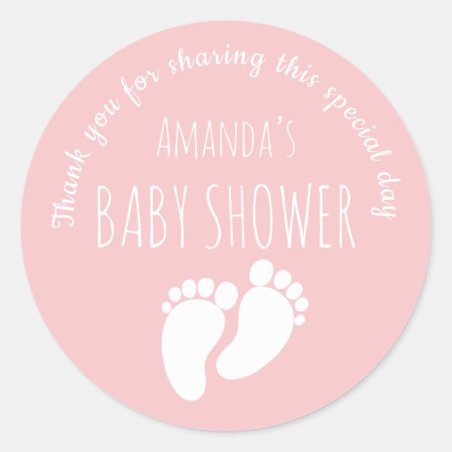 Baby Girl Footprint Baby Shower Pink Classic Round Sticker (Front)