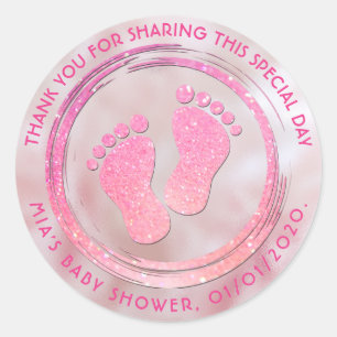 Baby Girl Footprint Glittering Baby Shower Favour Classic Round Sticker