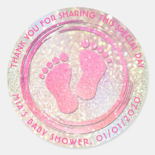 Baby Girl Footprint Glittering Baby Shower Favour Classic Round Sticker