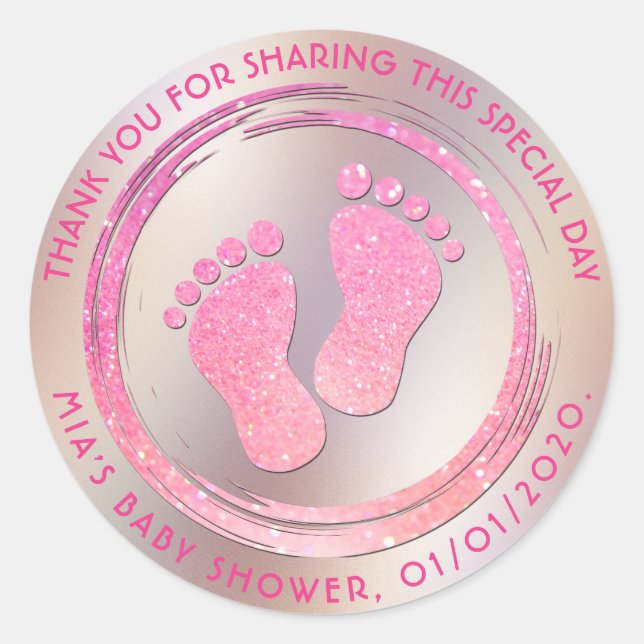 Baby Girl Footprint Glittering  Baby Shower Favour Classic Round Sticker (Front)
