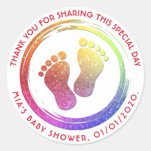 Baby Girl Footprint Glittering Baby Shower Favour Classic Round Sticker