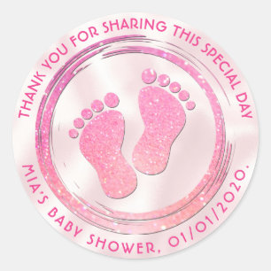 Baby Girl Footprint Glittering Baby Shower Favour Classic Round Sticker