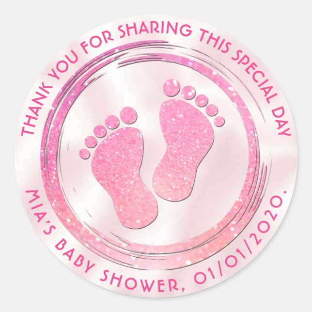 Baby Girl Footprint Glittering  Baby Shower Favour Classic Round Sticker (Front)