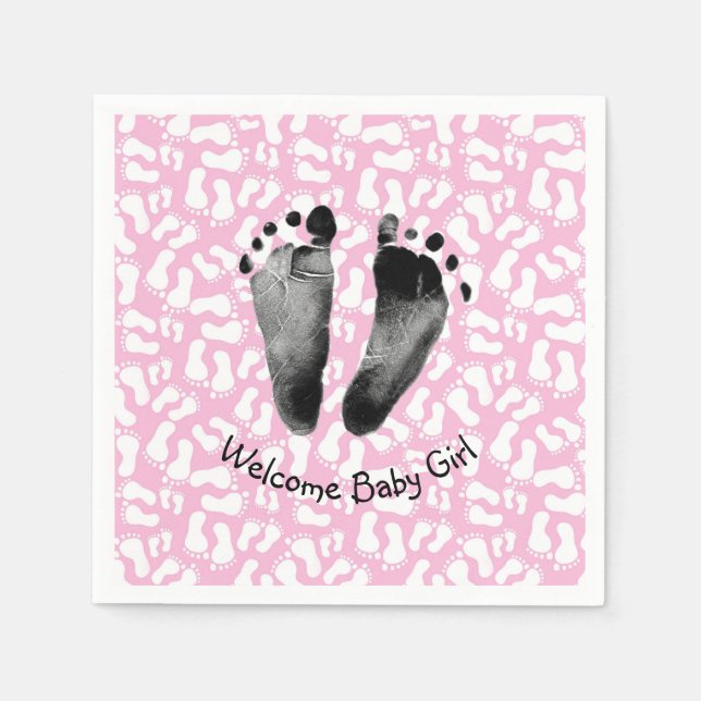 Baby Girl Footprint on Pink and White Napkins (Front)
