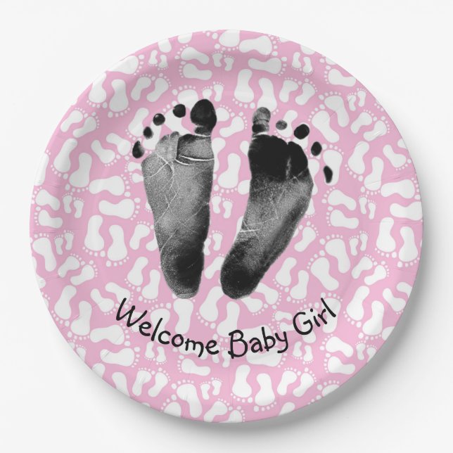 Baby Girl Footprint on Pink and White Paper Plate (Front)