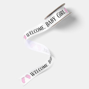 Baby Girl Footprints Welcome on White Satin Ribbon