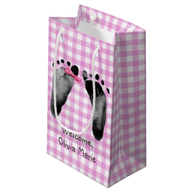 Baby Girl Footprints with Bow  Small Gift Bag (Front Angled)