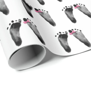 Baby Girl Footprints With Pink Bow  Wrapping Paper