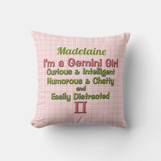 Baby Girl Gemini Zodiac Pink and Green with Name Cushion (Front)