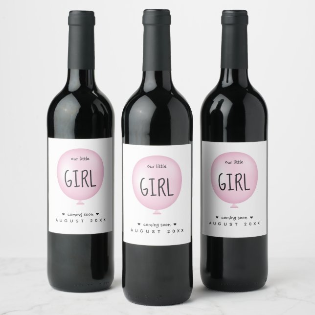 Baby Girl Gender Reveal Baby Shower Pink Balloon W Wine Label (Bottles)