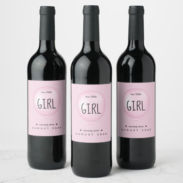 Baby Girl Gender Reveal Baby Shower Pink Balloon Wine Label (Bottles)