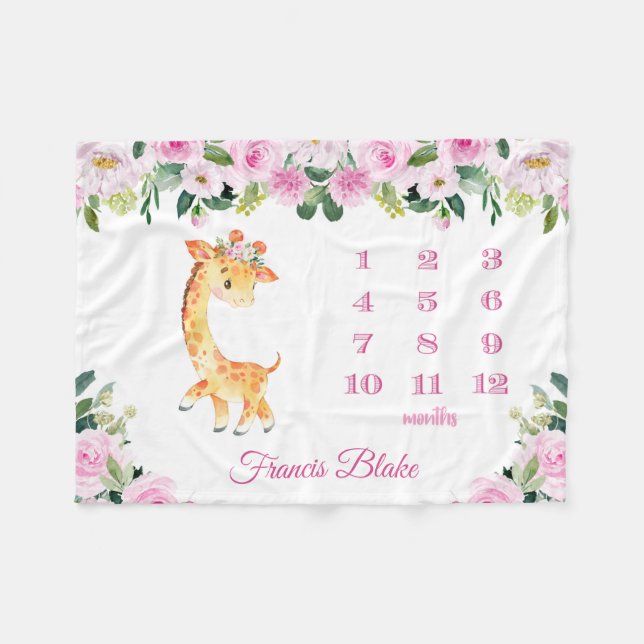 Baby Girl Giraffe Milestone Blanket with Name (Front (Horizontal))