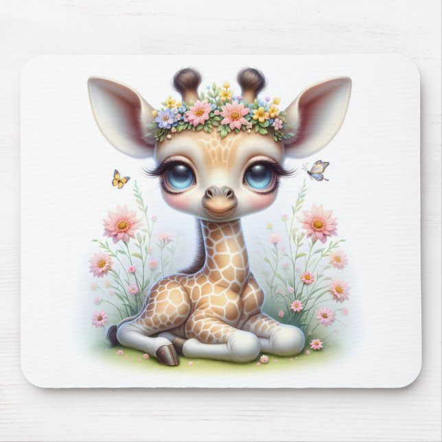 Baby Girl Giraffe With Pink Flowers Mouse Mat (Front)