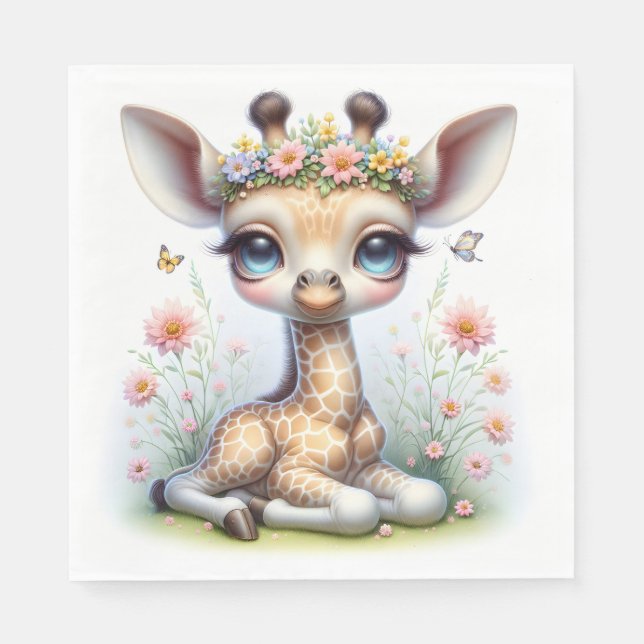 Baby Girl Giraffe With Pink Flowers Napkin (Front)