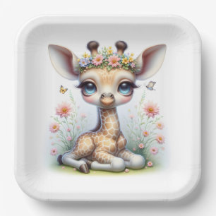 Baby Girl Giraffe With Pink Flowers Paper Plate