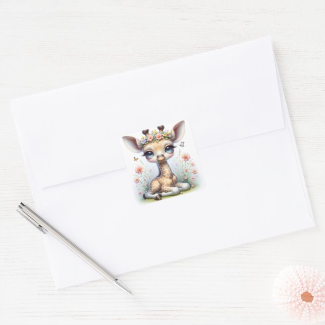 Baby Girl Giraffe With Pink Flowers Square Sticker (Envelope)