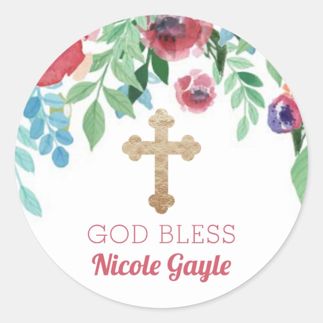 Baby Girl Gold Cross Baptism Favour Flowers Classic Round Sticker (Front)