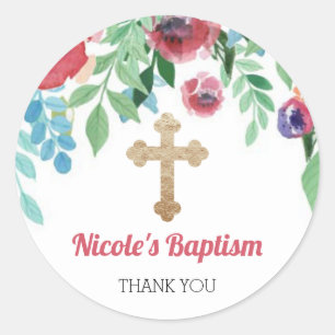 Baby Girl Gold Cross Baptism Favour Flowers Classic Round Sticker