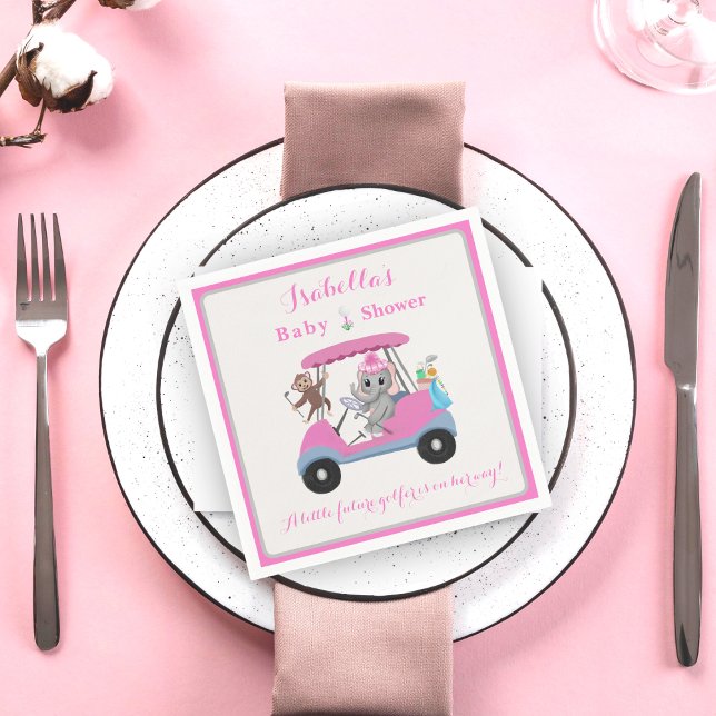 Baby Girl Golfing Elephant & Monkey Shower   Napkin (Creator Uploaded)