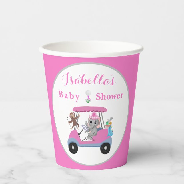 Baby Girl Golfing Elephant & Monkey Shower  Paper Cups (Front)
