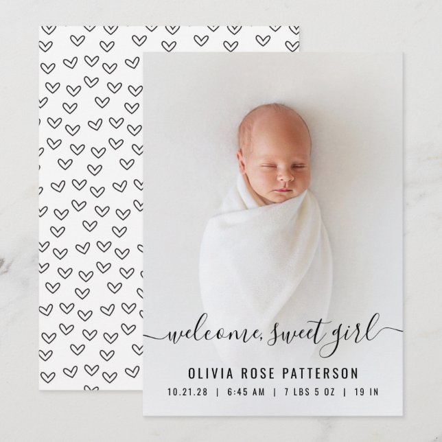 Baby Girl Hearts Script Photo Birth Announcement (Front/Back)