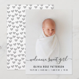 Baby Girl Hearts Script Photo Birth Announcement