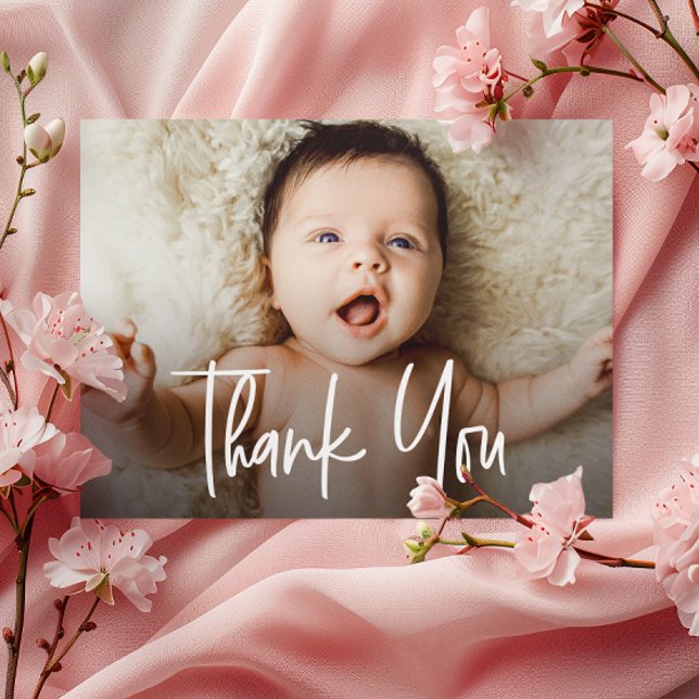 Baby Girl Horizontal Photo Handlettering script Thank You Card (baby shower girl photo thank you card.)