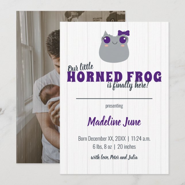 Baby Girl Horned Frog Purple Vertical Baby Announcement (Front/Back)