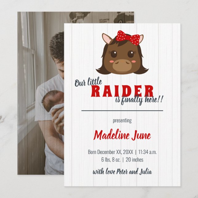 Baby Girl Horse Red Vertical Birth Announcement (Front/Back)