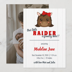 Baby Girl Horse Red Vertical Birth Announcement