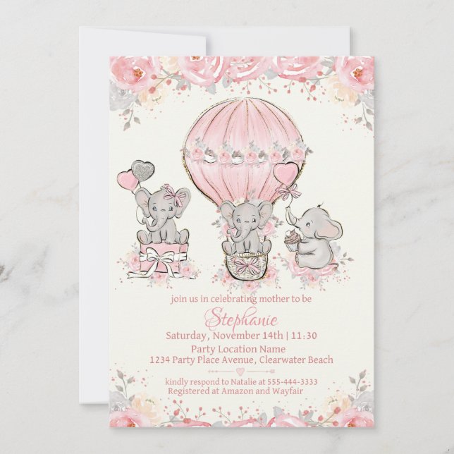 Baby Girl Hot Air Balloon Shower Invitation (Front)