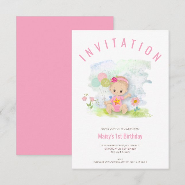 Baby Girl Illustration Pink First Birthday Party Invitation (Front/Back)