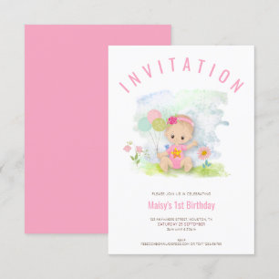 Baby Girl Illustration Pink First Birthday Party Invitation