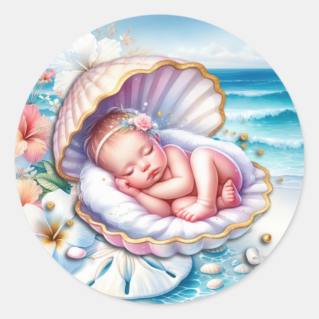 Baby Girl in a Seashell Baby Shower  Classic Round Sticker (Front)