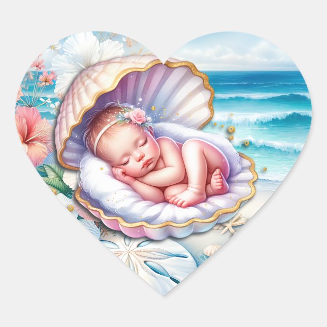 Baby Girl in a Seashell Baby Shower  Heart Sticker (Front)