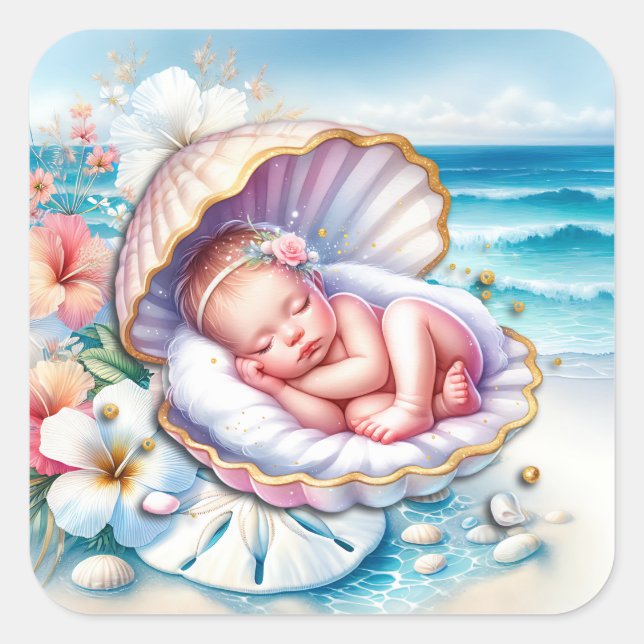 Baby Girl in a Seashell Baby Shower  Square Sticker (Front)