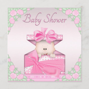 Baby Girl in Gift Box and Roses Baby Shower Invitation