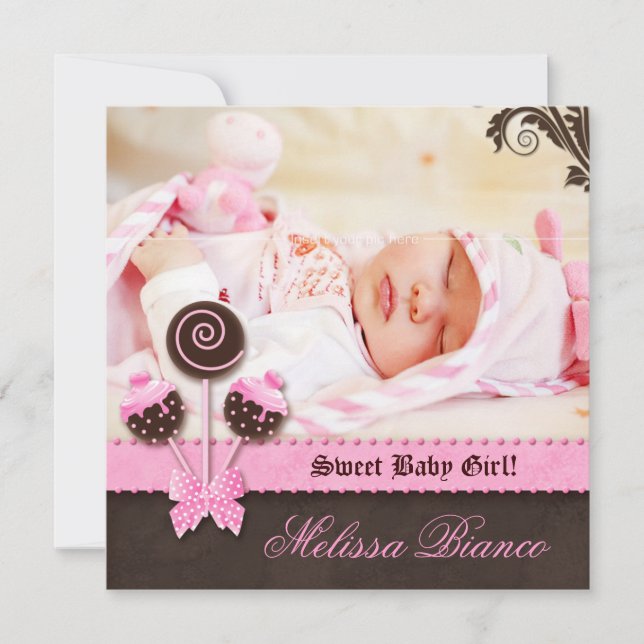 Baby Girl Invitation Announcement Cake Pops Pink (Front)
