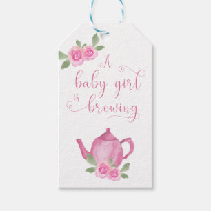 Baby Girl is Brewing Pink Teapot and Flowers Gift Tags