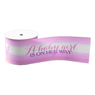Baby girl is on his way pink baby shower grosgrain ribbon