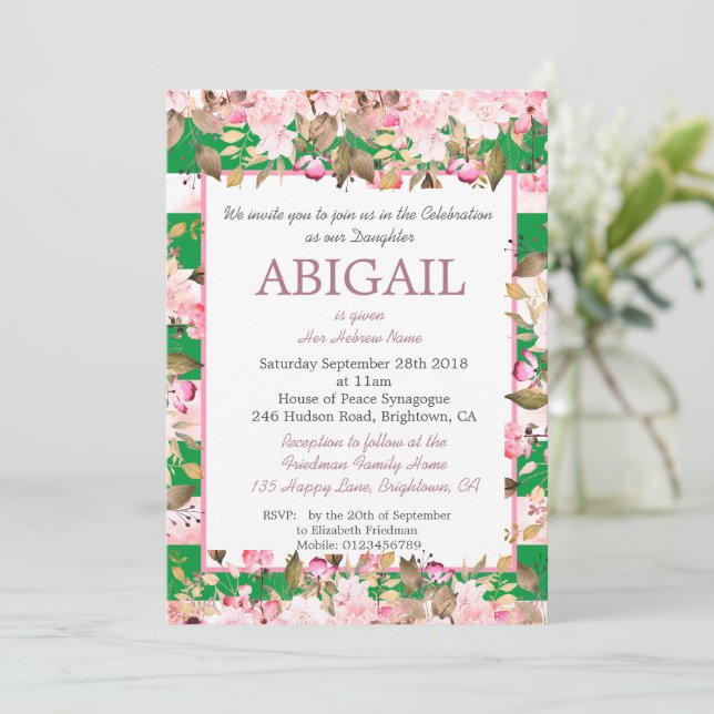 Baby Girl Jewish Naming Floral Green Pink Hebrew  Invitation (Standing Front)
