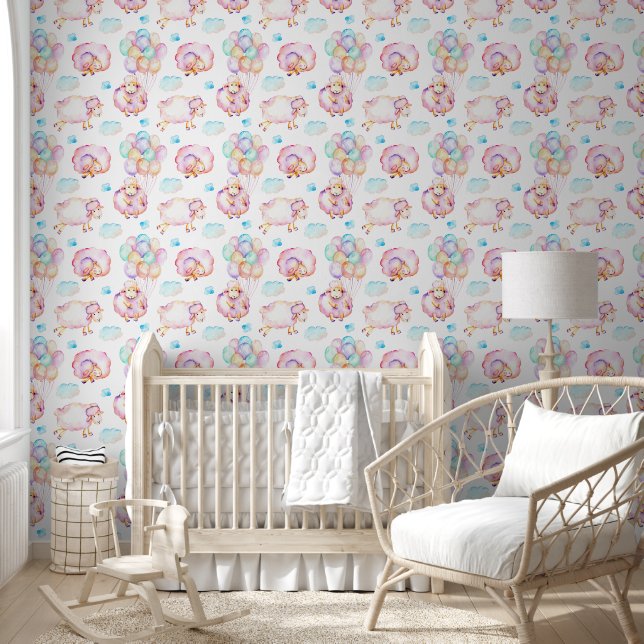 Baby Girl Lambs Balloons and Clouds  Wallpaper (Kids)