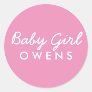 Baby Girl Last Name Baby Shower Sticker-Pink White Classic Round Sticker