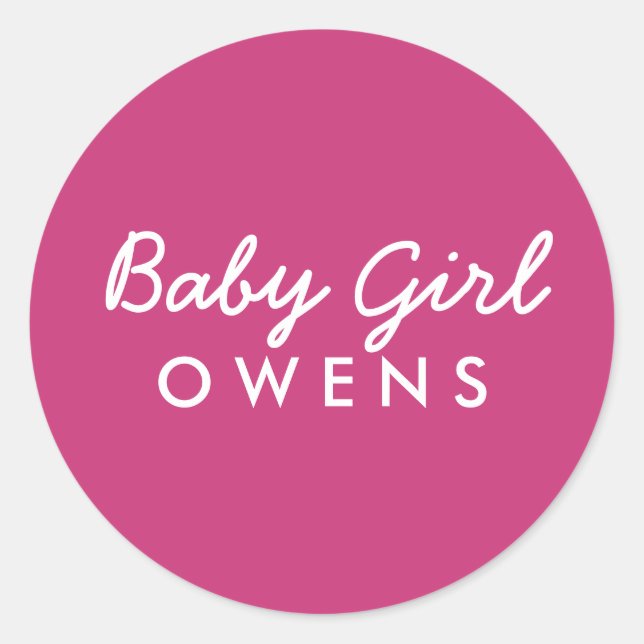 Baby Girl Last Name Baby Shower Sticker-Pink White Classic Round Sticker (Front)