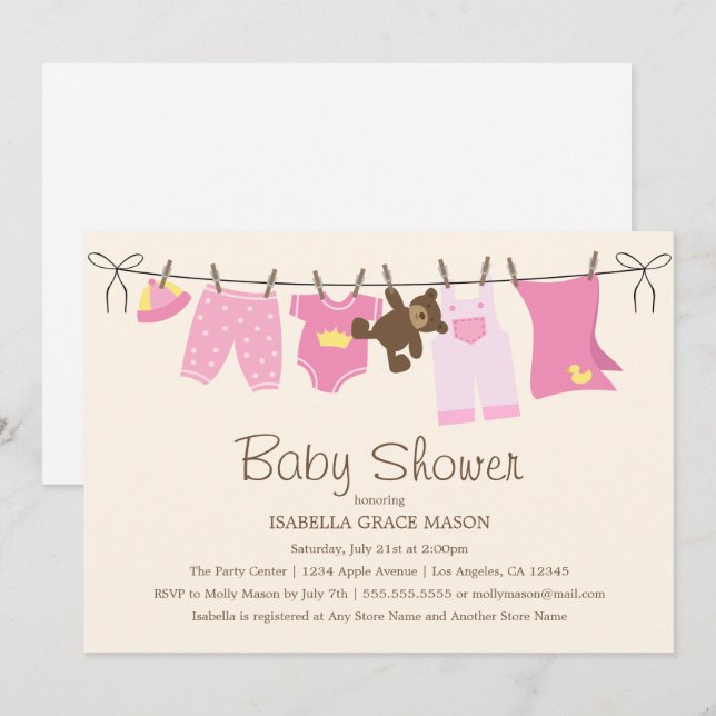 Baby Girl Laundry | Pink/Brown Invitation (Front/Back)