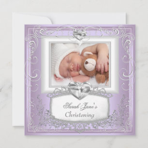 Baby Girl Lilac Christening Baptism Cross White Invitation