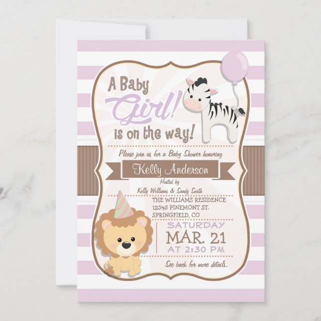 Baby Girl Lion & Zebra Pastel Purple Baby Shower Invitation (Front)
